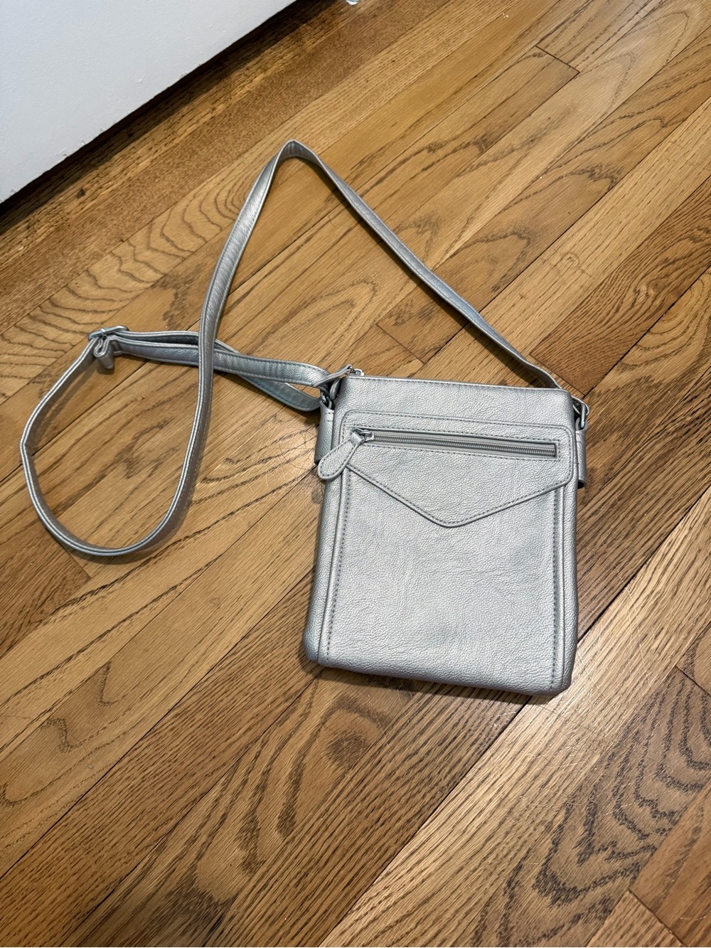 Silver Crossbody Bag with Front Zip Pocket